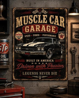 Muscle car garage 7x10 metal wall sign by Titan Moto Props