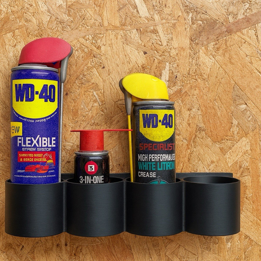 Black 4-slot wall mount spray can holder rack for garage and workshop organization
