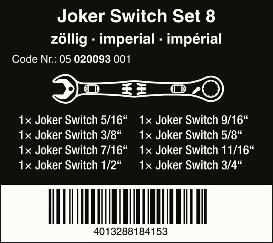 Wera 6001 Joker Switch Ratcheting Combination Wrench Set 8 Piece SAE 05020093001