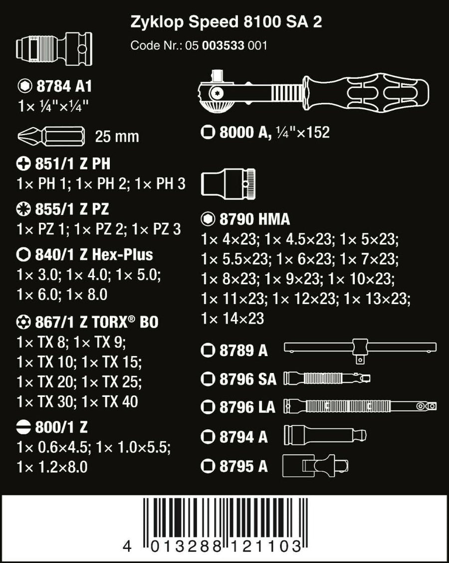 Wera 8100 SA 2 Zyklop Socket Wrench Set 1/4" Drive Metric 42 Pieces 05003533001