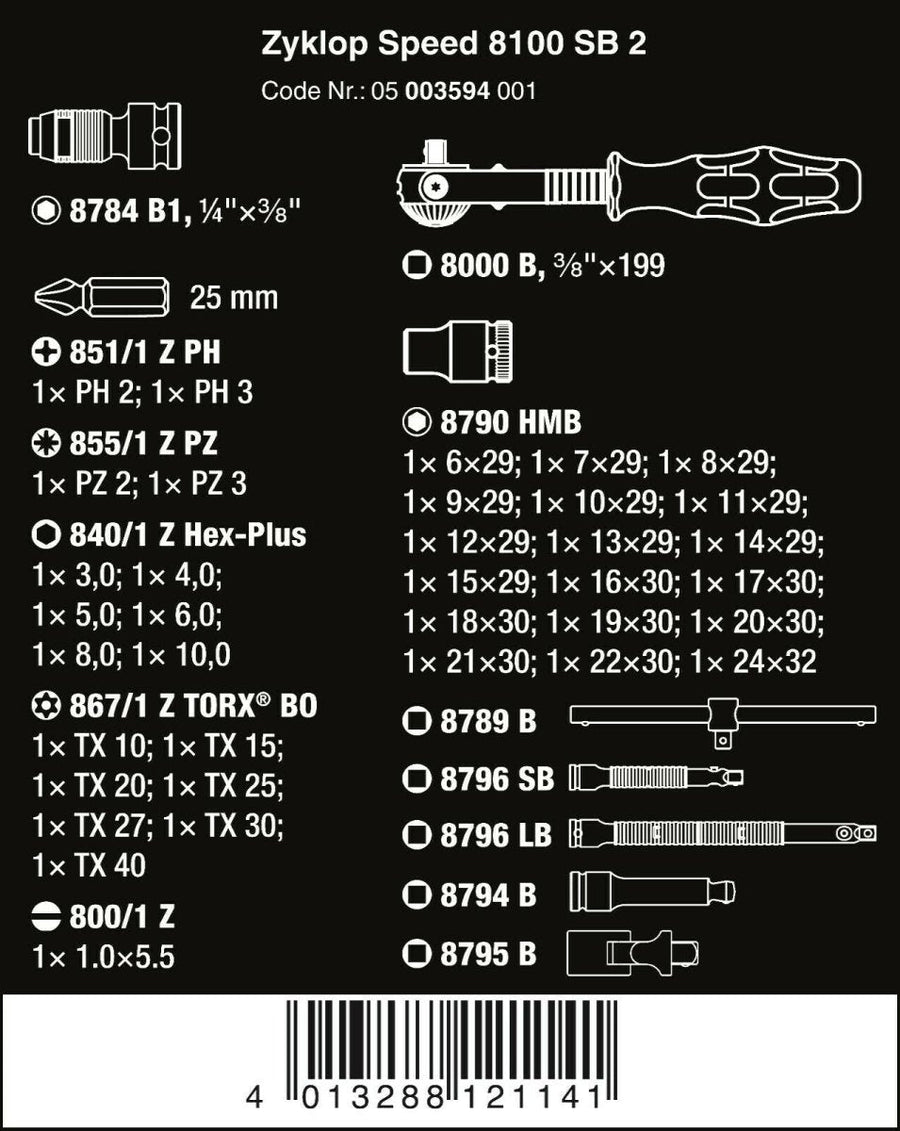 Wera 8100 SB 2 Zyklop Socket Wrench Set 3/8" Drive Metric 43 Pieces 05003594001