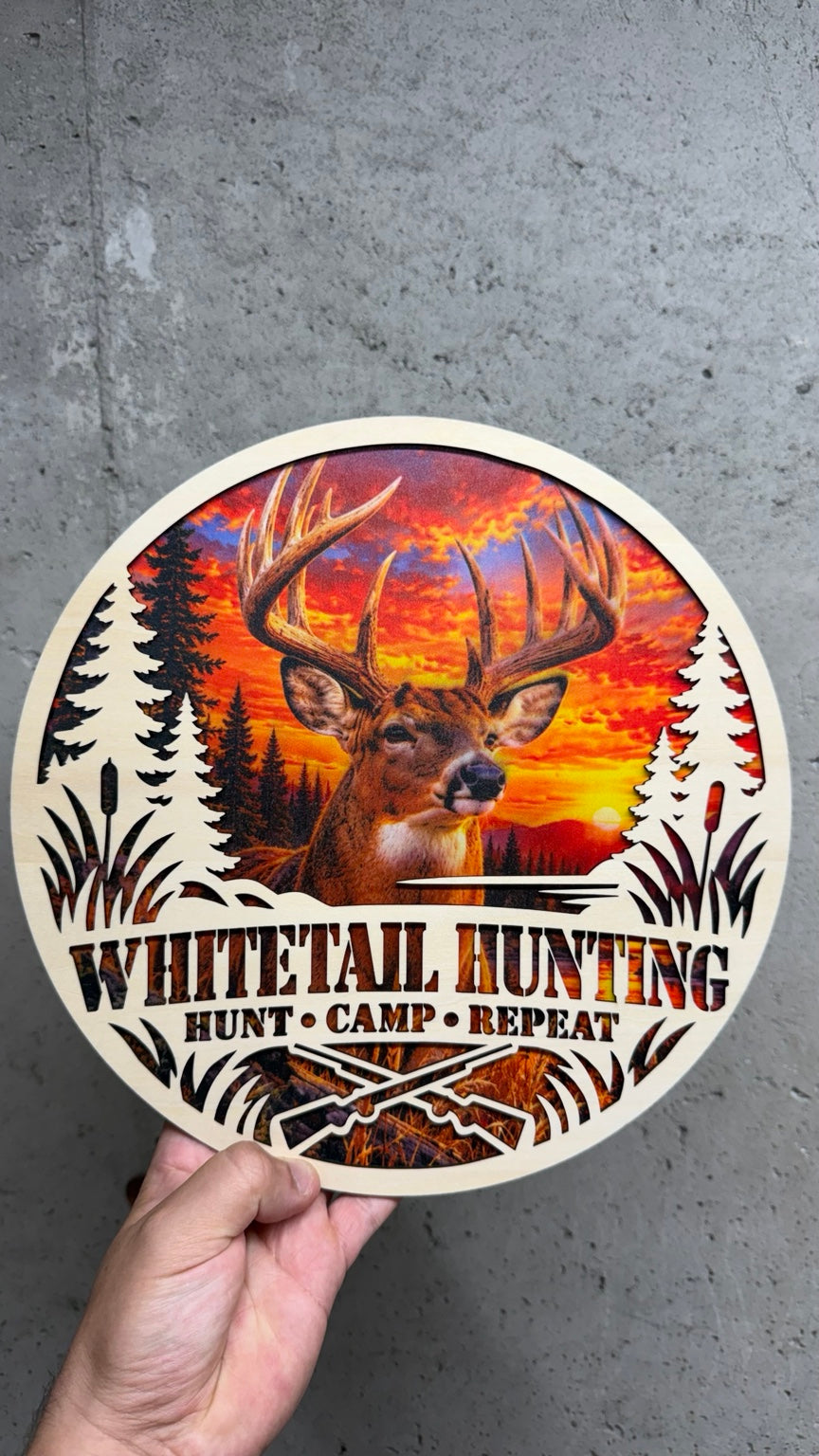 11 inch whitetail deer hunting layered wood wall sign with UV printed sunset artwork