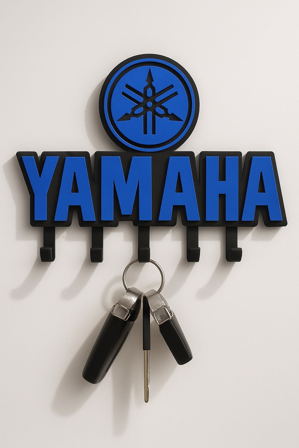 Blue Yamaha inspired wall key holder rack with hooks for garage and motorcycle decor